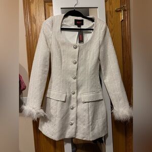 White Tweed Coat with Feather Cuff - Women’s Jacket